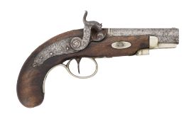 A 50 BORE PERCUSSION OVERCOAT OR TRAVELLING PISTOL INDISTINCTLY SIGNED CLARKE(?),