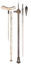 AN INDIAN FAKIR’S CRUTCH, AN INDIAN HAMMER, AND TWO OTHER ITEMS, 19TH CENTURY