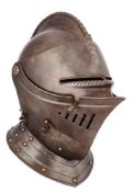 A REPRODUCTION CLOSE HELMET IN ENGLISH 16TH CENTURY STYLE