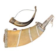 A LARGE INDIAN DECORATIVE HORN, AND A CAUCASIAN CEREMONIAL DRINKING HORN, BOTH 20TH CENTURY