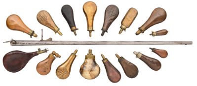 A LARGE GROUP OF VARIOUS POWDER- AND SHOT-FLASKS, MOSTLY 19TH CENTURY AND BY VARIOUS MAKERS