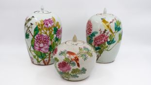 A lot of three Chinese Qianjiang & Famille Rose ginger vases - decorated with birds and peonies