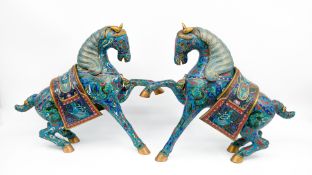A lot of two large Chinese brass and champlevé enamel cloisonné figures of rising horses