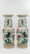 A large Chinese pair of Famille Rose two-sided decorated porcelain vases - with decor of roosters an