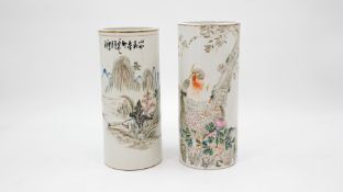 A lot of two Chinese Qianjiang cylindrical porcelain hat vases - variously decorated