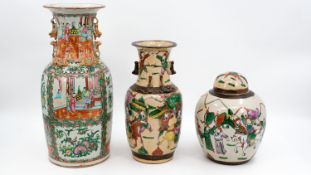 A lot of three Chinese Canton and Nankin crackle-glazed and porcelain vases - palace and warrior dec