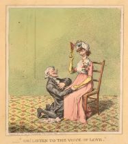 After James Gillray (1757-1815) British. "Oh! Listen to the voice of love", Hand coloured etching,