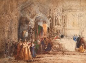 Circle of Richard Parkes Bonington (1802-1828) British. "Church Interior with Religious Procession",