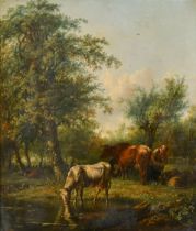 Jean Baptiste Kobell (1778-1814) Dutch. Cattle and Milkmaid by the Water's Edge, Oil on panel,