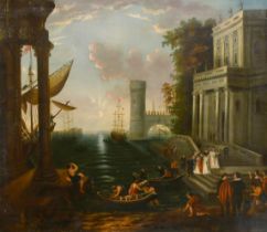 After Claude Lorrain (1600-1682) French. "Embarkation of the Queen of Sheba", Oil on canvas, Bears a