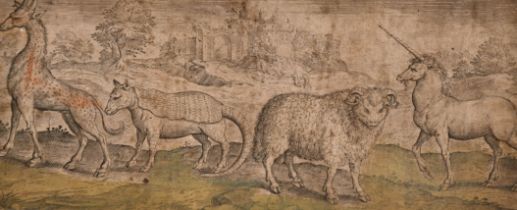 18th Century Dutch School. "Giraffe, Civet Cat, Ram and Unicorn in a Landscape", Engraving, unframed