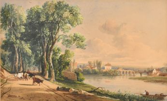 George Arthur Fripp (1813-1896) British. A River Scene, with Drover and Cattle on a Path,