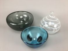 Three Pieces of Art Glass to include a Blue Polka Dot Bowl and a Murano Style White Spiral Vase. 