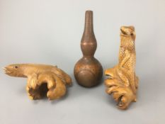 Carved Burl Wood Iguana Lizard and Koi Carp Folk Art c. 1950 - 1960 Hand Carved Throughout and a Scr
