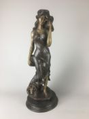 20th Century Bronze Lady Figure with Ram Head Decoration in the Art Nouveau Style. Artist initials t