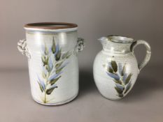 Studio Pottery in The Denby Style Attributed to Tom Agnew. Large Jug and a Baguette/Utensils Barrel.