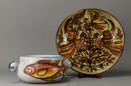 A large Portuguese Porches, Portugal pottery dish. Peacock pattern. Together with a Vallauris bouill