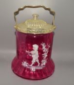 Cranbury glass Biscuit barrel with etched decoration and plated lid 