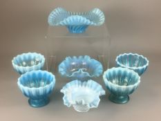 Set of 4 Blue Vaseline Glass Desert/Ice Cream Bowls Reg No B30643 together with 3 x Blue Vaseline Gl