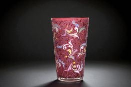 A Moser style Bohemian ruby glass. Hand painted stylised enamel design. Height - 9.5cm 