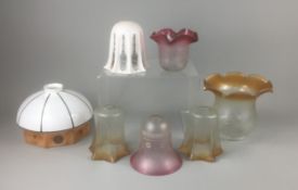 Art Deco and Earlier Frosted and Milk Glass Lamp Shades. Various Styled to include a Ruffled Etched 