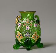 Egermann Glassworks. Novy Bor Painted & jewelled on a green ground. Raised on four feet. Height - 13