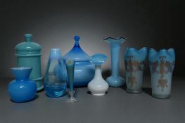 A collection of mainly Italian blue Opaline glass. 