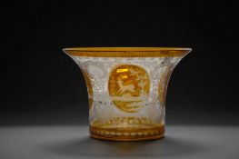 A 19th Century Bohemian flash cut amber vase. Depicting circular cartouches of animals. Height - 9cm