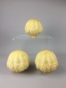 Set of 3 Early 20th Century Frosted Yellow Globe Shades with Raised Rose decoration. H 14cm Aperture