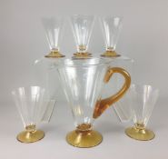 Art Deco Style Conical Formed Water/Lemonade Jug and Glasses having Amber Glass Feet and Handle. Pos