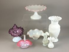 White Milk Glass Collection to include Fenton Glass and a Tazza Ruffled edge and Rose Ribbon edging.
