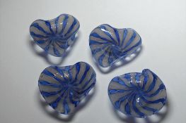 Four Murano zanfirico lattice filigree glass candy dishes. 