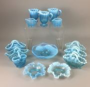 A Miscellany of Pressed Blue Vaseline Glass. Various designs and Objects. Jugs, Baskets, bowls etc..