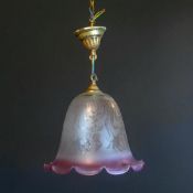Art Nouveau cranberry & clear glass ceiling lamp shade. Etched foliate design. 