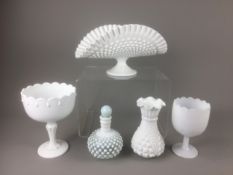 White Milk Glass Early 20th Century to include a Vaseline Glass Studded Perfume Bottle. 