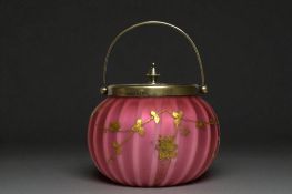 A Victorian Satin glass biscuit barrel and cover. Circa 1880. White ground cased in striped pink. Gi