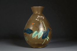A 19th century Harrach glass Fish vase. Applied blue fish with enamel painted aquatic plants on a te