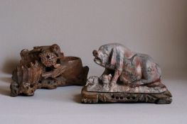 A Chinese carved soapstone figure of a Sow and piglets. On wooden base. 1st half 20th century. Toget