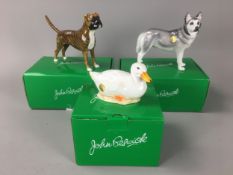 John Beswick - Boxed Figurines x 3, Farmyard Duck JBF97, Husky JBD97, and Boxer Brindle JBD106.