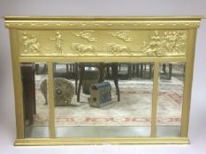 Large and Impressive Vintage Gilt Triptych Over Mantle Mirror. With Roman Style Chariot with LionsÂ 