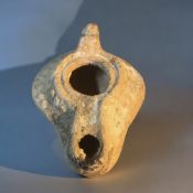 Roman-Byzantine-Holy land Clay oil lamp. Charred nozzle from use. 