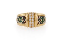 Korloff, bague or 750 sertie d'une ligne de diamants taille brillant épaulée de deux bandes d'émail