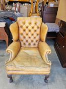 19th Century Style English Tufted Leather Wingback Library Chair Set On Front Ball And Claw Mahogany