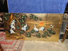 Oriental Art Panel Most Likely Japanese A 4 Panel Lacquer Painted Wall Art Featuring Red Crowned