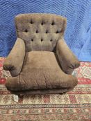 Victorian Classic Style Upholstered Armchair, Tufted Chesterfield Style Back Raised On Front Castors