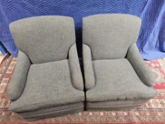 A Pair Of English Roll-Arm Lounge Chairs Upholstered In Grey Fabric 77 X 59 X 86cm