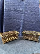 A Pair Of Vintage French Cottage Woven Lattice Metal And Brass Wire Cachepot Planter W/ Lion Head