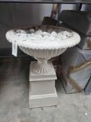 Victorian Classical-Style Urn Cast Metal Painted Resting On A Matching Square Pedestal Fluted Bowl