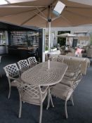 Bramblecrest Bridgewater Stone 213x108cm Oval with 8 Chairs, Parasol & Base -DAMAGE TO TABLE TOP Set