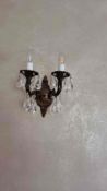 A pair of Artglass Czech bohemian crystal and patinated metal twin arm wall sconces 206 x 206mm